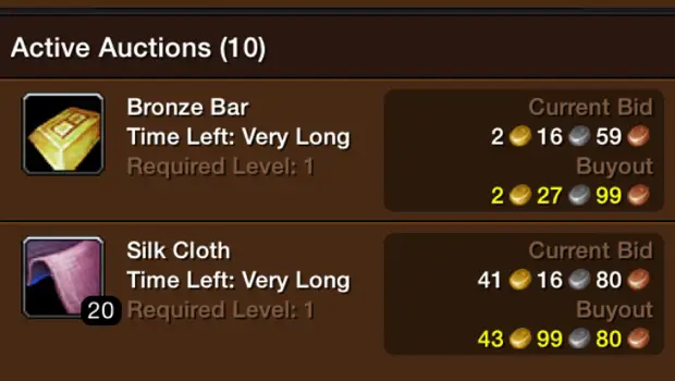 Active Auction Listings in the WoW Mobile Auction House (WoW Armory app for iOS)