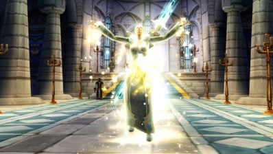 Priest in Stormwind Cathedral surrounded by a golden glow