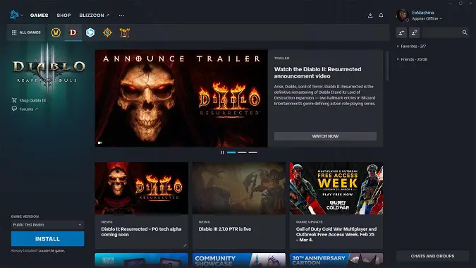 Battle.net Diablo 3 PTR install screen
