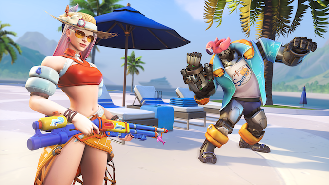 Ashe in her bikini-clad Poolside skin, next to a flexing Poolside Bob. They're on the beach near a blue umbrella and two lounge chairs.