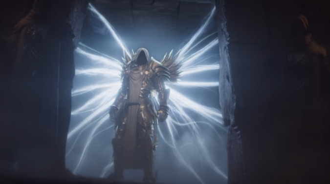 An armored figure with glowing white wings stands in a doorway