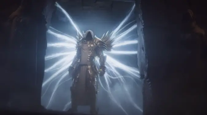 An armored figure with glowing white wings stands in a doorway