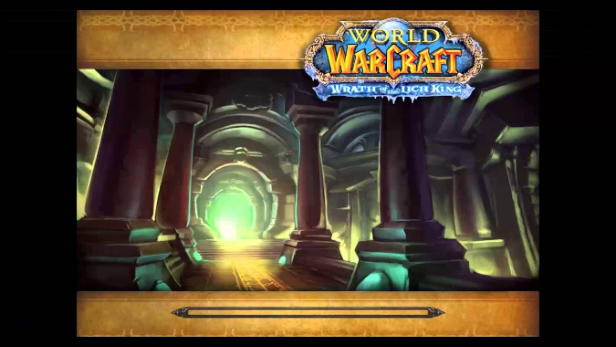Load screen for Ulduar, featuring a long hallway with a bright light at the end, flanked by tall columns
