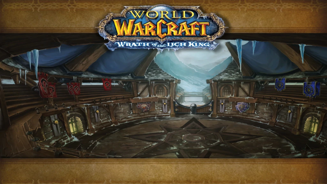 Wrath of the Lich King Trial of the Crusader loading image. Features an arena, with Horde flags in the stands above on one side, and Alliance on the other.
