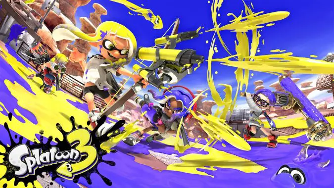 Splatoon 3 Keyart featuring purple and yellow ink the Splatoon 3 logo in the bottom-left corner.