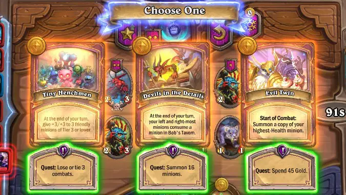 A choice of three quests is offered in Hearthstone Battlegrounds