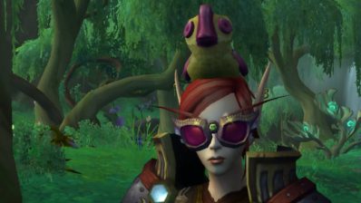 Blood elf wearing sunglasses with a plush duck on her head