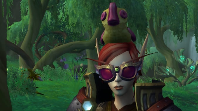 Blood elf wearing sunglasses with a plush duck on her head