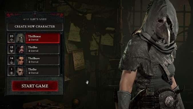 Diablo 4 character select screen, with a list of available characters