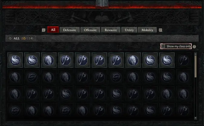 Codex of Power screen in Diablo 4, showing different Aspects earned