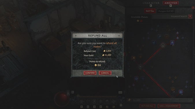 Diablo 4 Skill Respec cost prompt
