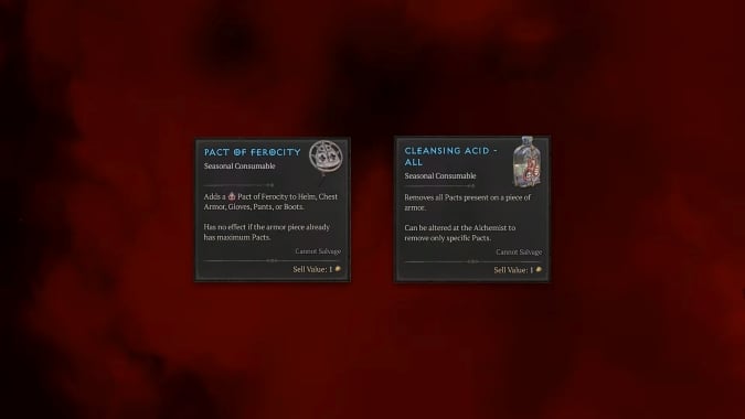 Diablo 4 Season 2 Season of Blood Pact Consumable Examples