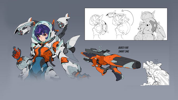 Concept art of the hero code-named Space Ranger, highlighting her shoulder turrets and smart weapon