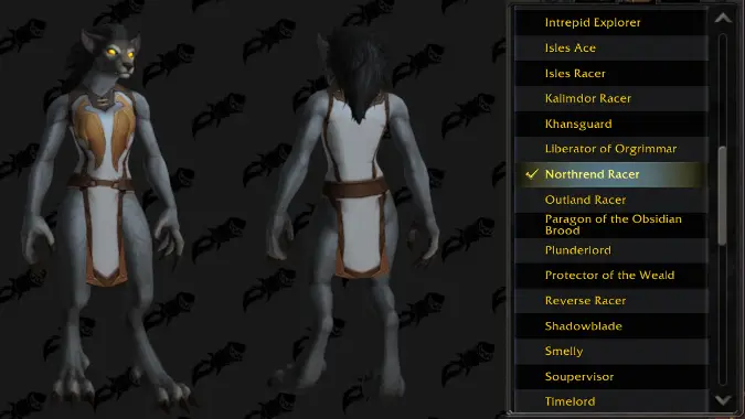 A worgen shows off the Frosted Riders of Azeroth tabard, which is white with gold trim and a pair of wings emblazoned on the front. The Northrend Racer title is highlighted on a list of achievements to the left.