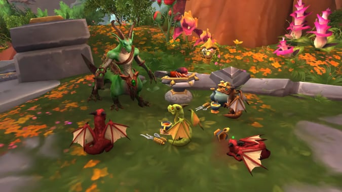 Four dragon whelps sit around a drakonid adult, three of them attentively and another sleeping. They have teacups and silverware. A plate of sliced fruit sits on a pedestal nearby.