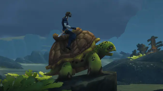 A character in Exile's Reach wearing level 1 gear and riding a turtle.