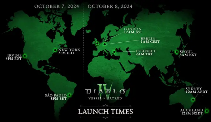 A map of release date time zones for Diablo 4: Vessel of Hatred