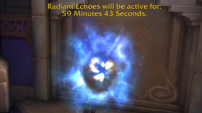 A teleport portal with a timer for the Radiant Echoes event above