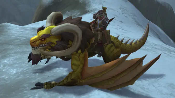 An undead character wearing racing clothes sits atop a bronze drake.