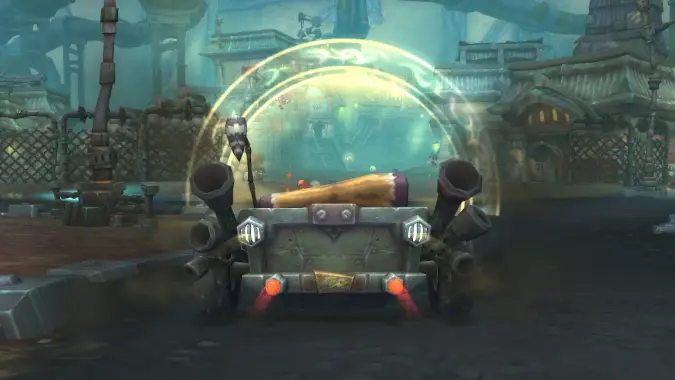 A goblin car, seen from behind, races toward a golden ring.