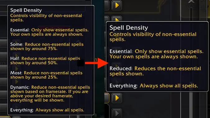 World of Warcraft Spell Density options pre-11.2.0 compared to 11.2.0 list
