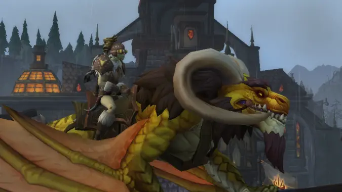 A closeup of a dragonrider on a bronze dragon.
