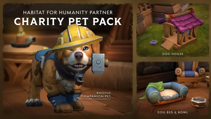 World of Warcraft's 2026 charity pet, Roofus the pup, and accessories of dog house and dog bed for player house